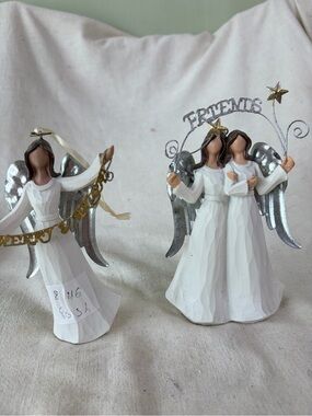 Handcrafted White Angel Figurines Set - Silver Wing Accents